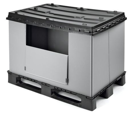 Foldable large container with drop-down access door on a plastic pallet base